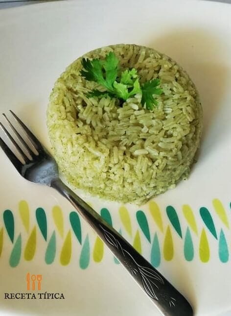 plato con porción de arroz verde