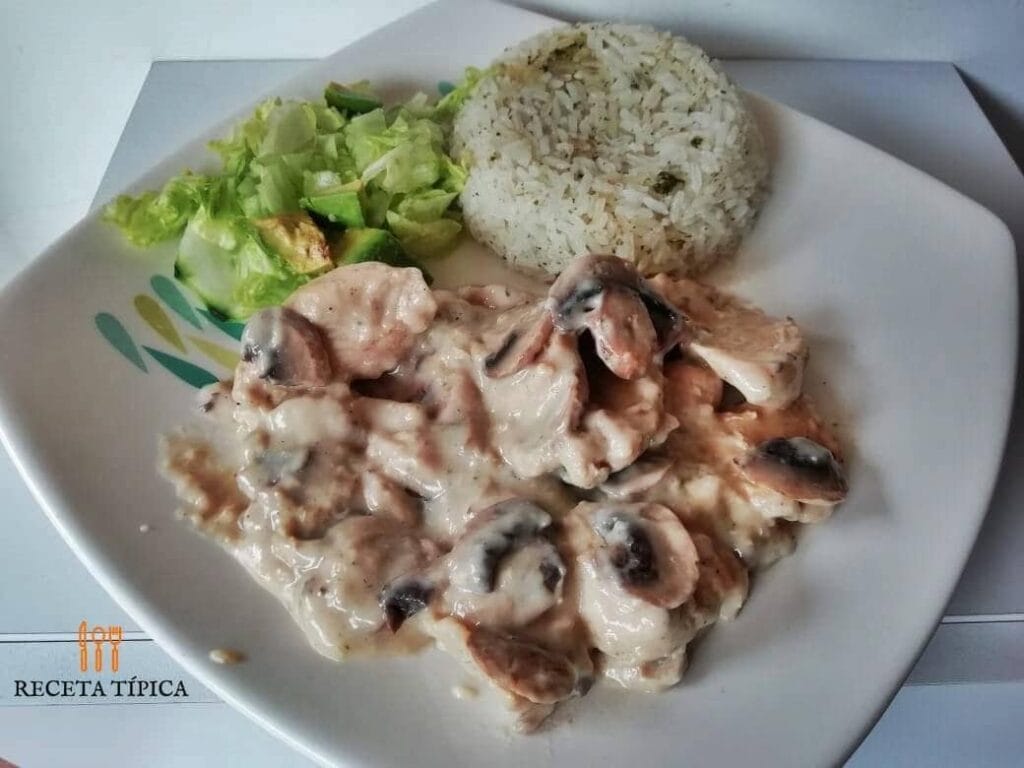 Plato con pollo en salsa de champiñones, con arroz y ensalada